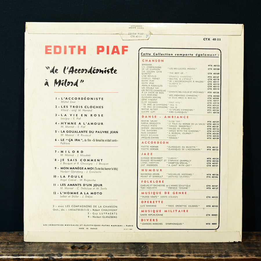 Long Play "De L'Accordeoniste a Milord" de Edith Piaf