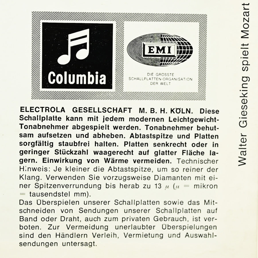 Long Play obras para piano de Mozart por Walter Gieseking