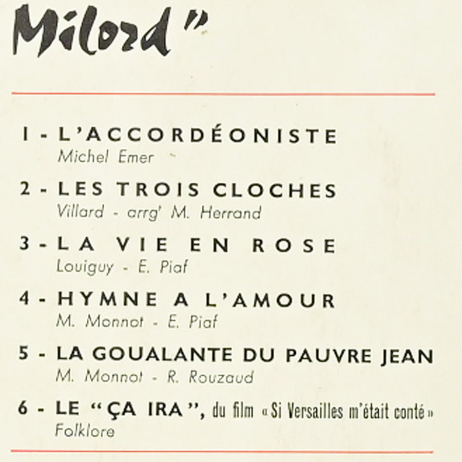 Long Play "De L'Accordeoniste a Milord" de Edith Piaf