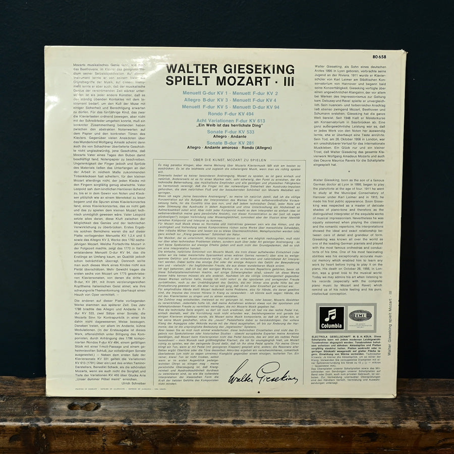 Long Play obras para piano de Mozart por Walter Gieseking